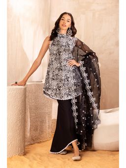 SEW - Black Embroidered Kurti With Sharara and Organza Dupatta (Set of 3)