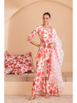 SEW - Cream And Red Floral Kurti with Sharara and Dupatta (Set of 3)