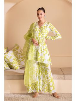 SEW - Green Floral Printed Angrakha Kurti With Palazzo and Organza Dupatta (Set of 3)