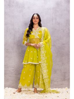 SEW - Bright Green Organza Embroidered Kurti with Palazzo and Dupatta (Set of 3)