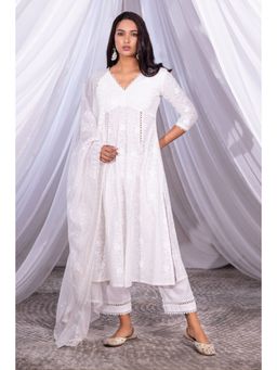 SEW - White Chain Kurta with Pant and Dupatta (Set of 3)