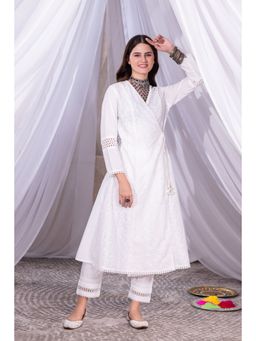 SEW - White Lucknowi Angrakha Kurta with Pant and Dupatta (Set of 3)