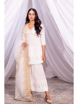 SEW - White Embroidered Kurta with Sharara and Dupatta (Set of 3)
