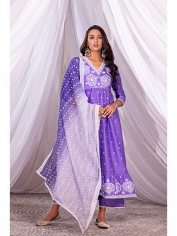 SEW - Blue Flared Embroidered Anarkali Kurta with Palazzo and Dupatta (Set of 3)
