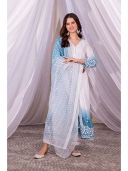 SEW - White Teal Ombre Tiered Anarkali Kurta with Pant and Dupatta (Set of 3)