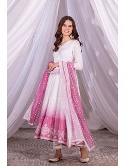 SEW - White Mauve Ombre Tiered Anarkali Kurta with Pant and Dupatta (Set of 3)