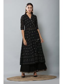 SEW - Black And Gold Chikankari Angrakha Kurta with Palazzo (Set of 2)