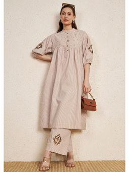 NUHH - Beige Latte Stripes Cotton Co-Ord Set