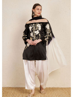 NUHH - Off Shoulder Silk Embroidery Satin Kurta With Salwar & Georgette Dupatta