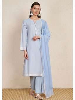 NUHH - Pastel Sky Blue Embroidered Cotton Kurta with Pant & Georgette Dupatta