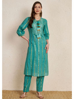 NUHH - Green Golden Stripes Silk Embroidered Cotton CO-Ord Set