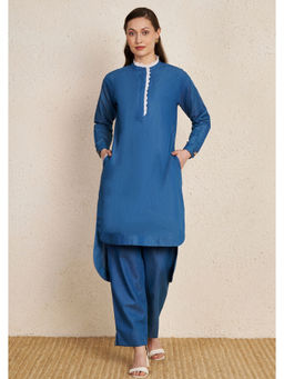 NUHH - Denim Minimal Kurta With Part & Lace Detail Dupatta