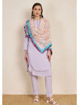 NUHH - Pastel Purple Kurta with Pant & Georgette Fringe Scarf