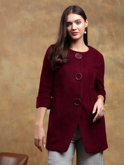KOTTY - Womens Woollen Classic Solid Maroon Wintercoat