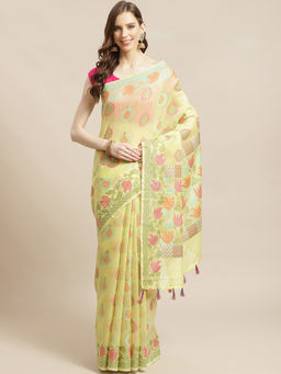 Indethnic - Banarasi Lime Green Woven Design Party Wear Saree With Unstitched Blouse