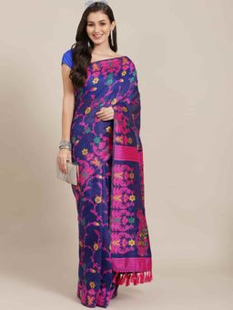 Silk Land - Woven Jamdani Saree with Unstiched Blouse Piece Navy Blue with Unstitched
