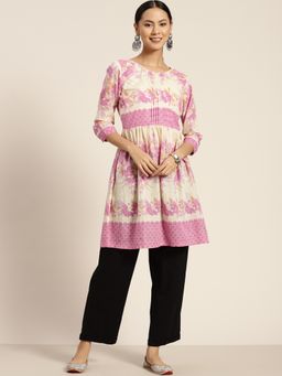Rain & Rainbow - Women Peach and Cream Printed Pure Cotton Tunic