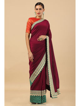 Soch - Maroon Tussar Solid Saree with Unstitched