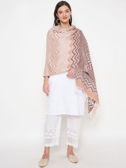 ZIGO - Women's Woolen Beige Woven Self Design Stole with Tasselled Border
