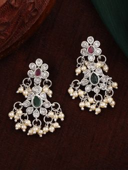 Estele - Rhodium Plated CZ Scintillating Flower Designer Earrings With Pearls For Women