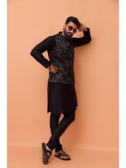 KISAH - Men Black Self Design Kurta with Jacket & Churidar (Set of 3)