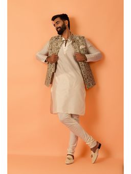 KISAH - Men Green Self Design Kurta with Jacket & Churidar (Set of 3)