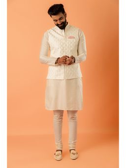 KISAH - Men White Self Design Kurta with Jacket & Churidar (Set of 3)