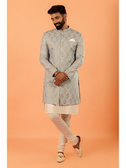 KISAH - Men Blue Printed Kurta with Sherwani & Churidar (Set of 3)