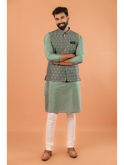 KISAH - Men Green Self Design Kurta with Jacket & Churidar (Set of 3)