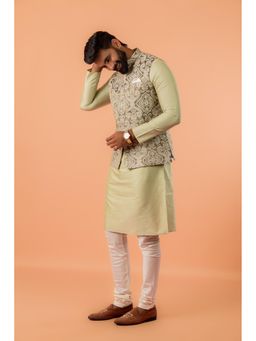 KISAH - Men Green Self Design Kurta with Jacket & Churidar (Set of 3)