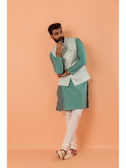 KISAH - Men Green Embroidered Kurta with Jacket & Churidar (Set of 3)