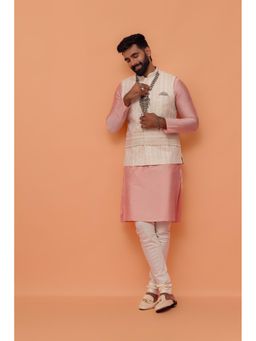 KISAH - Men Beige Printed Kurta with Jacket & Churidar (Set of 3)