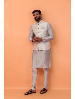 KISAH - Men Grey Self Design Kurta with Jacket & Churidar (Set of 3)