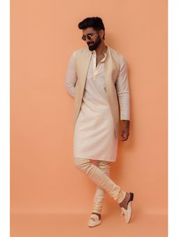 KISAH - Men Beige Self Design Kurta with Jacket & Churidar (Set of 3)