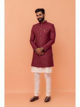 KISAH - Men Maroon Solid Kurta with Sherwani & Churidar (Set of 3)