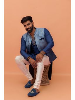 KISAH - Men Blue Embroidered Kurta with Jacket & Churidar (Set of 3)