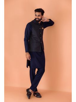 KISAH - Men Navy Blue Self Design Kurta with Jacket & Pant (Set of 3)