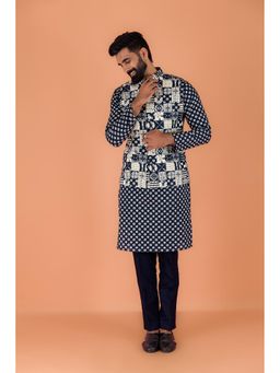 KISAH - Men Navy Blue Printed Kurta with Jacket & Pant (Set of 3)