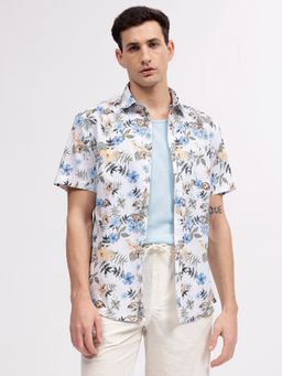 LINDBERGH - Men White Floral Print Button-Down Collar Short Sleeves Shirt