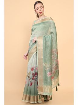 Soch - Women Green Organza Floral Saree with Unstitched Blouse