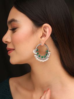 Priyaasi - Silver-Plated Hoops Earrings Adorned with Pearls and Green Stones