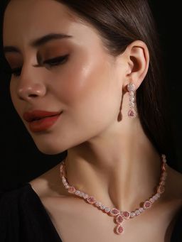 Priyaasi - Dazzling Rose Gold-Plated American Diamond & Ruby Jewellery Set