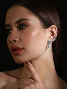 Priyaasi - Silver-Plated Cuff Style Earrings with American Diamonds & Mint Stones