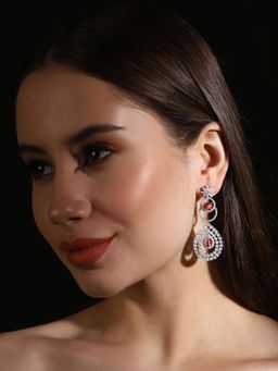 Priyaasi - Silver-Plated American Diamond & Ruby Stones Earrings Style