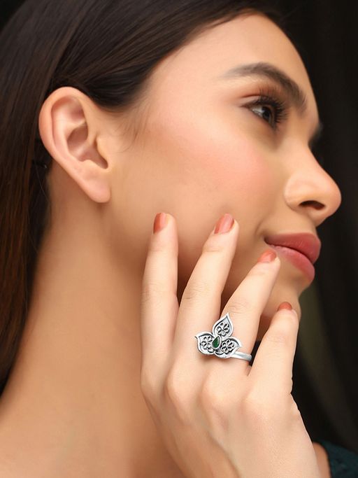 Priyaasi Flower Shape Green Stone Ring