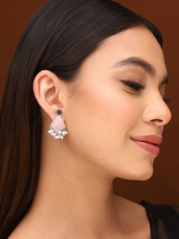 Priyaasi - Blossoming Elegance Pink Stones and Floral Charm Drop Earrings