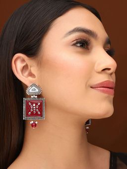 Priyaasi - Red Oxidized Beauty in Square-Style Drop Earrings