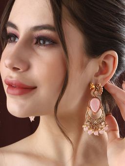 Priyaasi - Pink Peacock Design Moon Shape Earrings