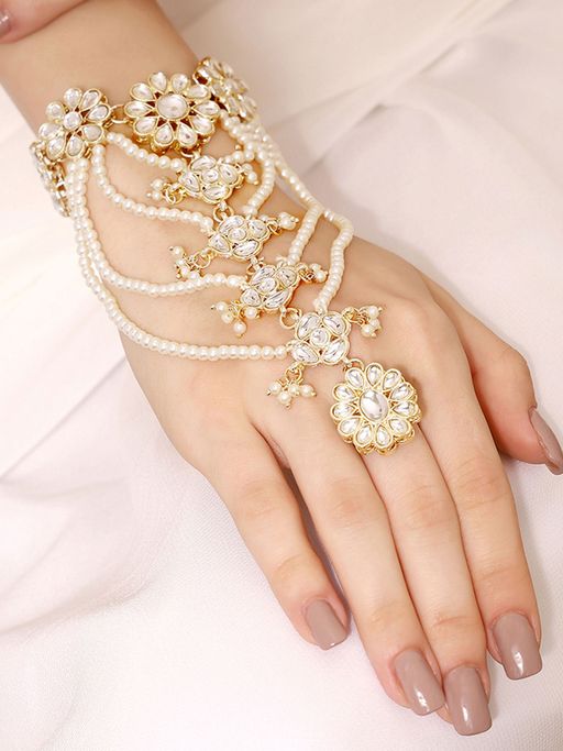Priyaasi White Pearls and Floral Kundan Hathphool