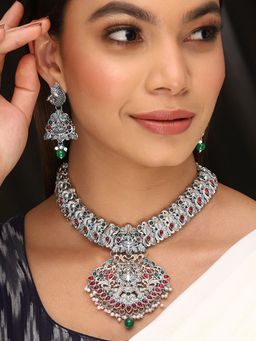 Priyaasi - Silver Plated Ruby Jewellery Set